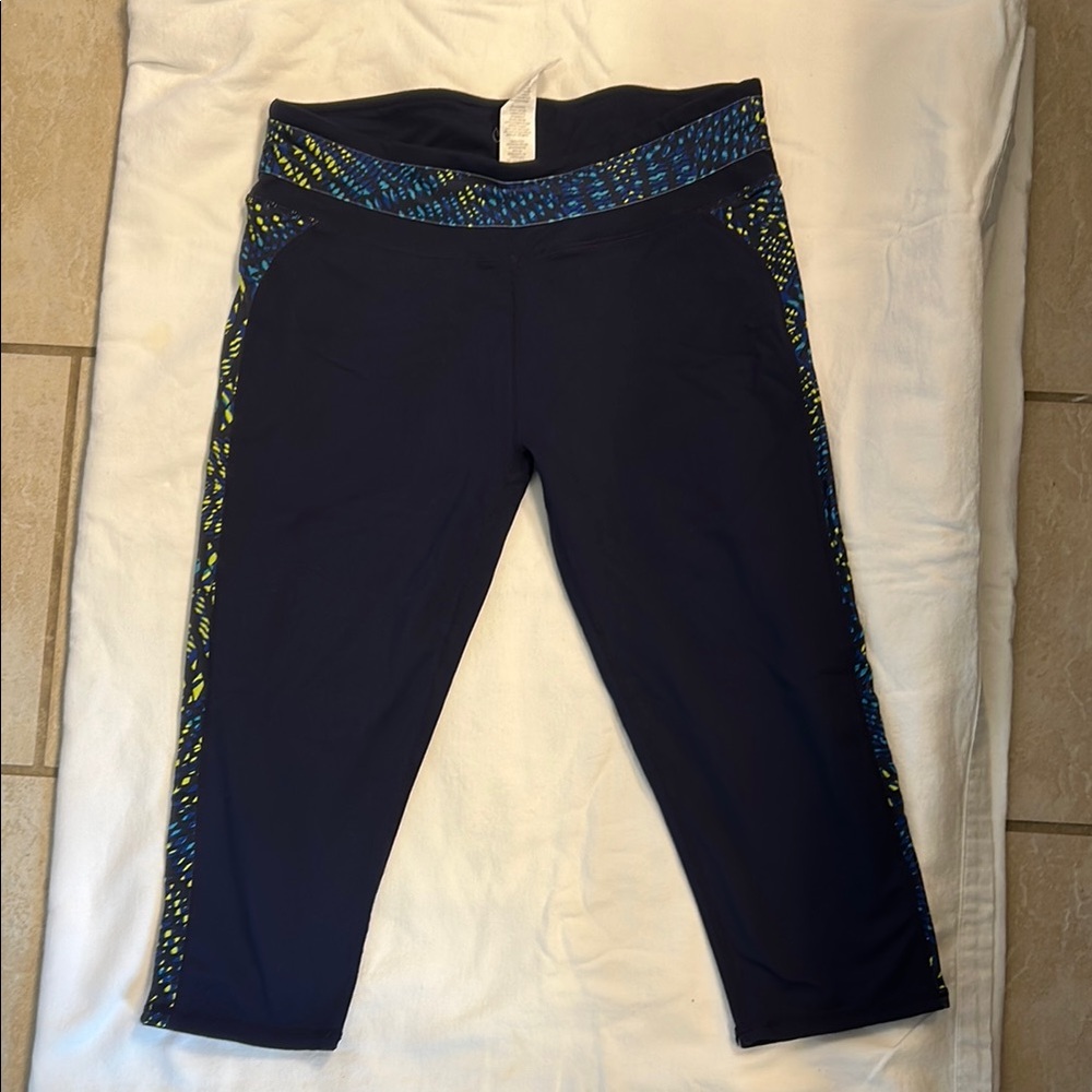 Fabletics Navy Blue Leggings with Patterned Trim